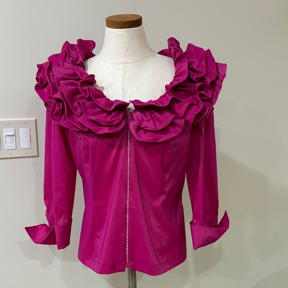Joseph Ribkoff Bold Fuchsia ruffled oval collar zip up jacket Top formal bling